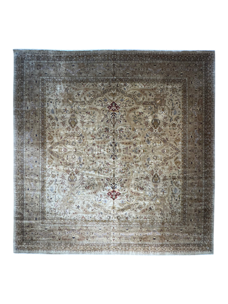 Ivory & Taupe Indian Tabriz Square Wool Rug – 14’8” × 15’0”