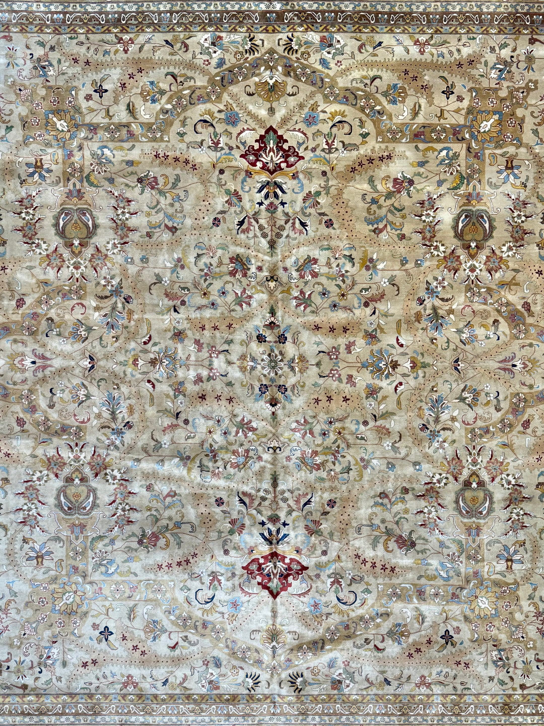 Ivory &amp; Taupe Indian Tabriz Square Wool Rug – 14’8” × 15’0”