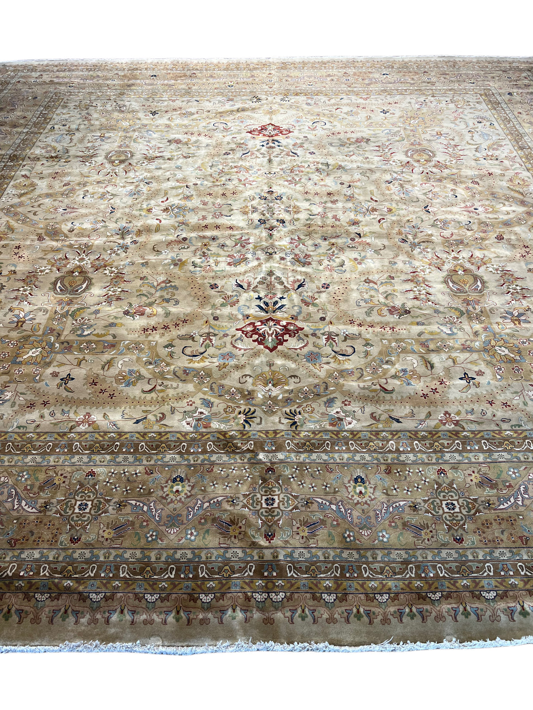 Ivory &amp; Taupe Indian Tabriz Square Wool Rug – 14’8” × 15’0”