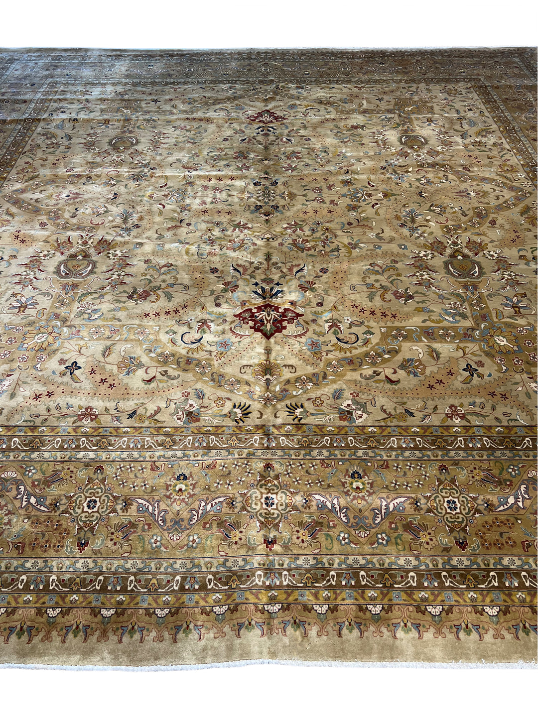 Ivory &amp; Taupe Indian Tabriz Square Wool Rug – 14’8” × 15’0”