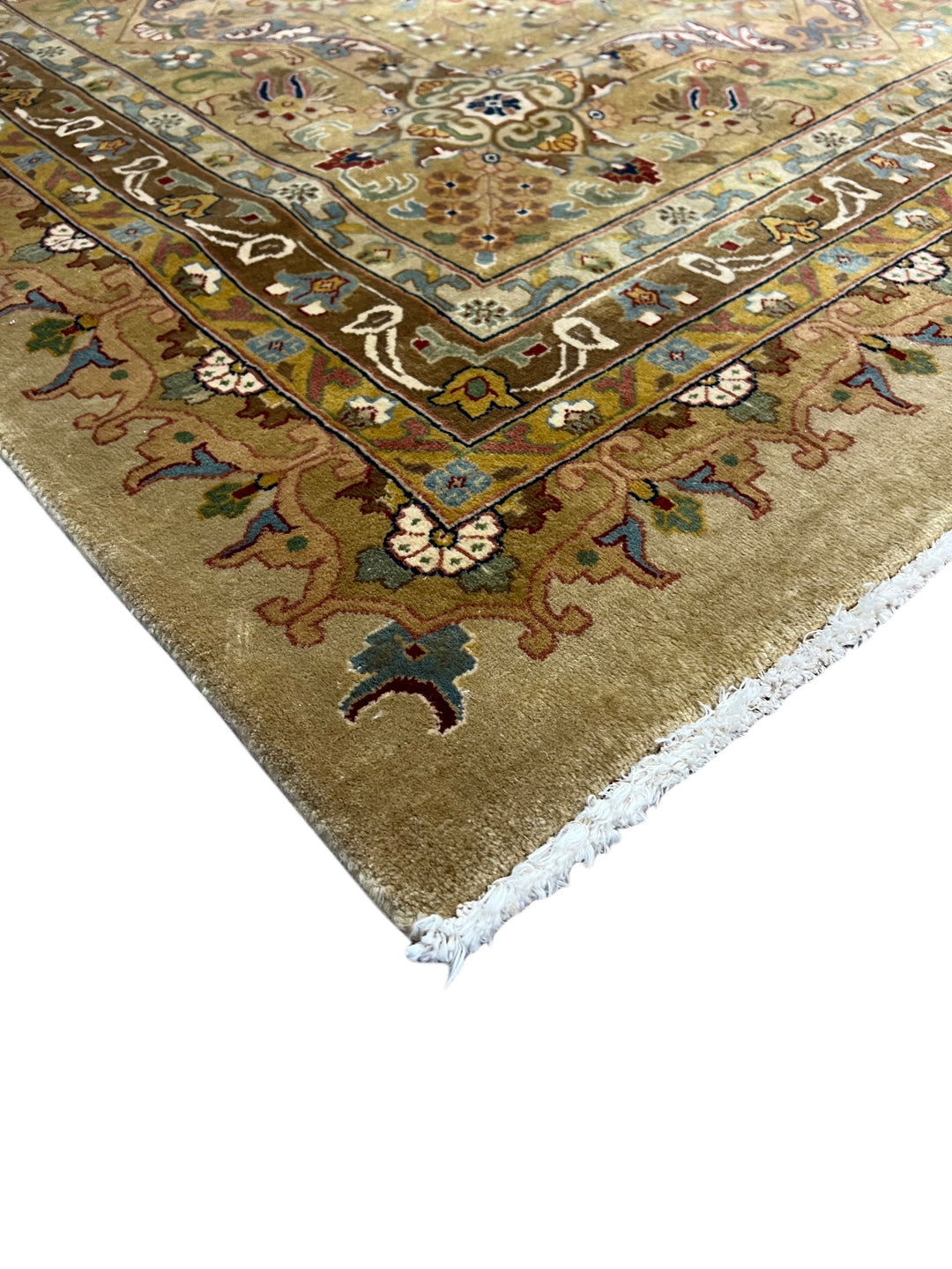 Ivory &amp; Taupe Indian Tabriz Square Wool Rug – 14’8” × 15’0”
