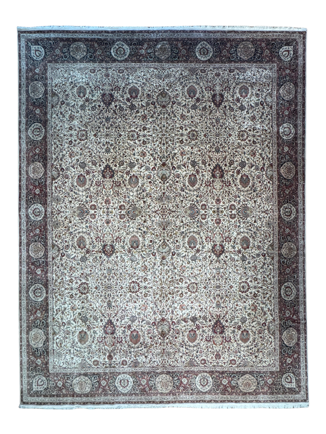 Ivory &amp; Burgundy Oversized Indian Agra Rug – 15’1” × 19’9”
