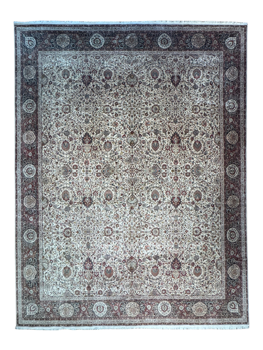 Ivory & Burgundy Oversized Indian Agra Rug – 15’1” × 19’9”