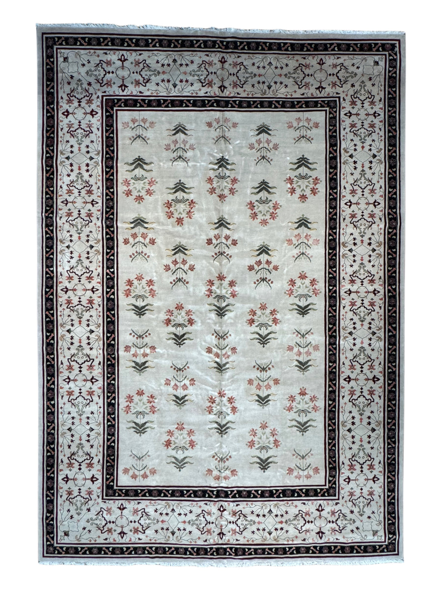 Ivory, Burgundy & Black Indian Agra Rug – 11’10” × 17’3”