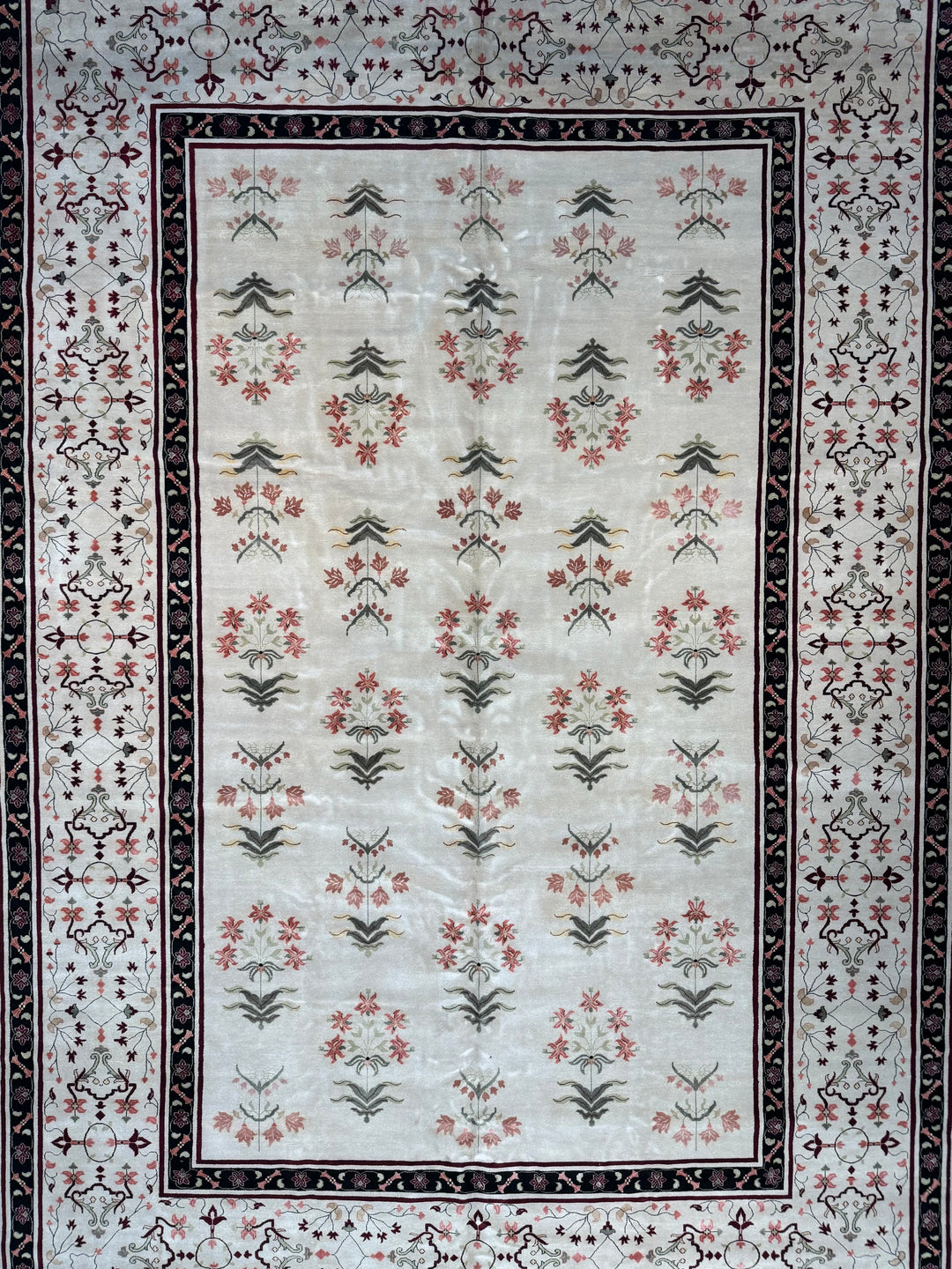 Ivory, Burgundy &amp; Black Indian Agra Rug – 11’10” × 17’3”