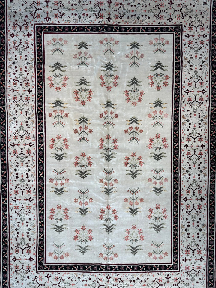 Ivory, Burgundy &amp; Black Indian Agra Rug – 11’10” × 17’3”