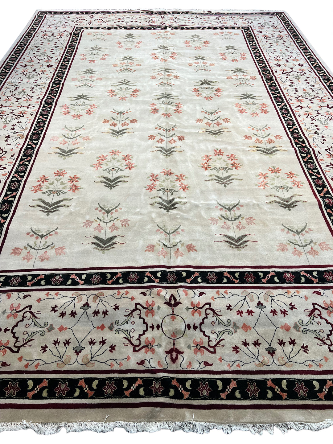 Ivory, Burgundy &amp; Black Indian Agra Rug – 11’10” × 17’3”
