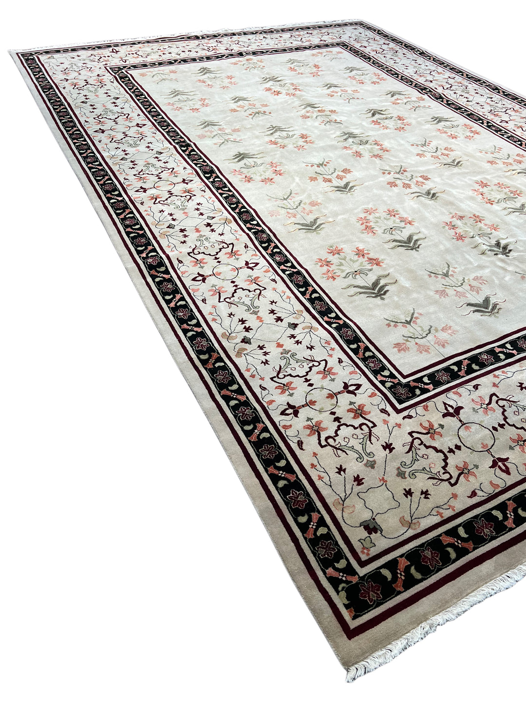 Ivory, Burgundy &amp; Black Indian Agra Rug – 11’10” × 17’3”