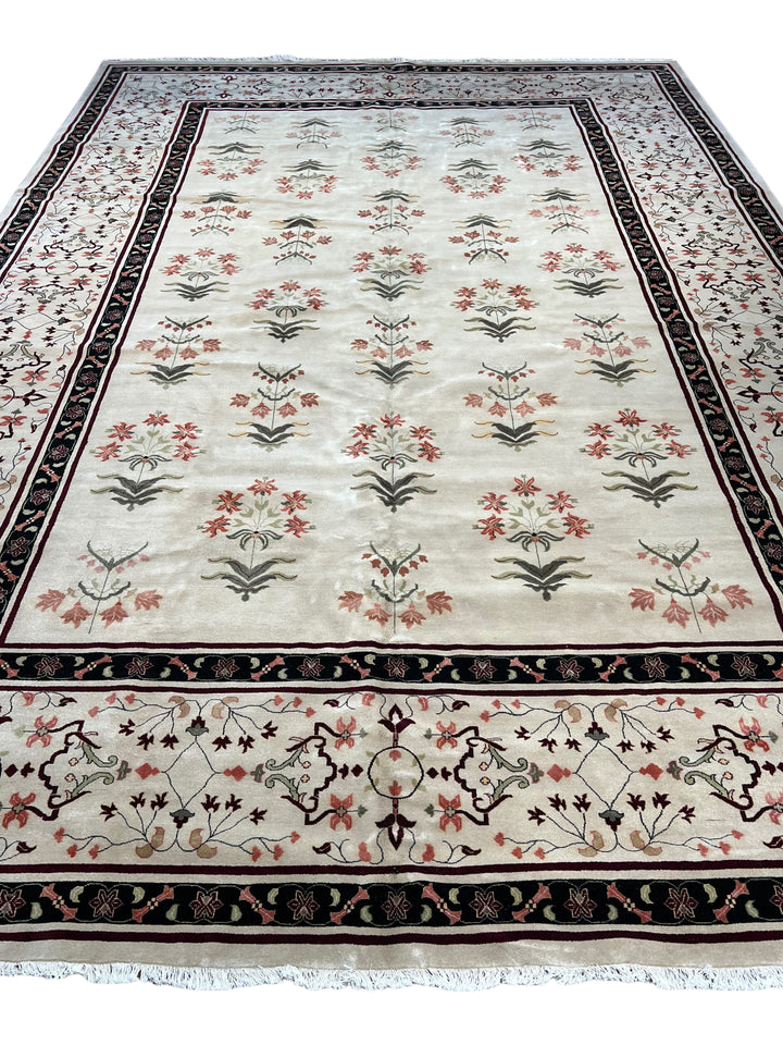 Ivory, Burgundy &amp; Black Indian Agra Rug – 11’10” × 17’3”