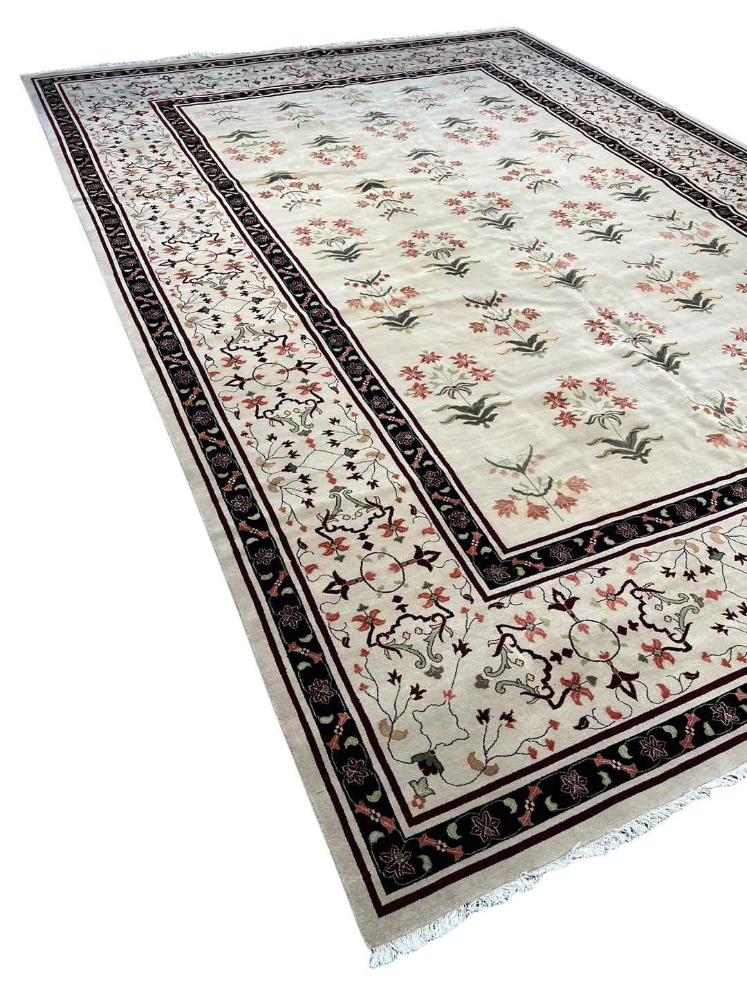 Ivory, Burgundy &amp; Black Indian Agra Rug – 11’10” × 17’3”