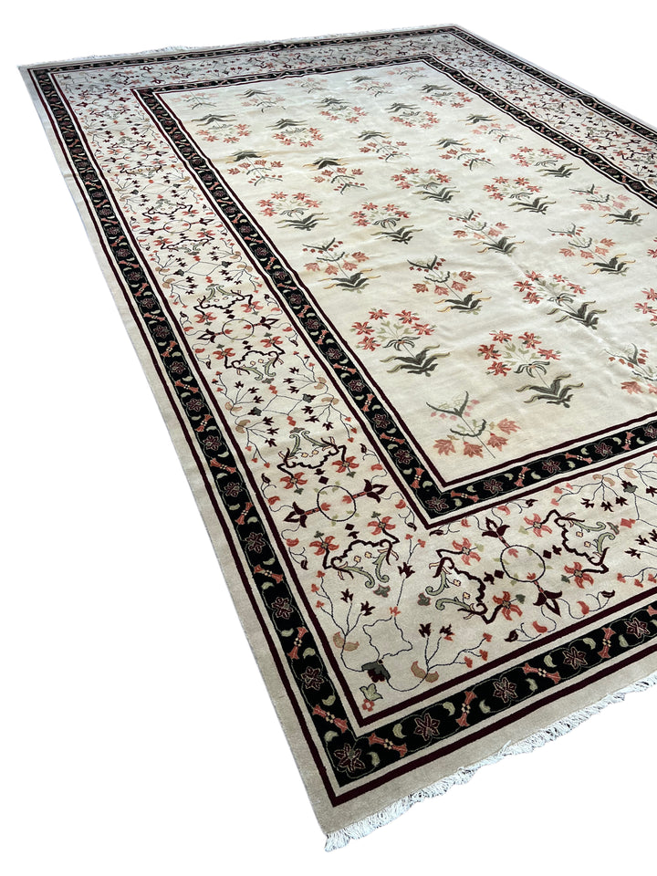 Ivory, Burgundy &amp; Black Indian Agra Rug – 11’10” × 17’3”