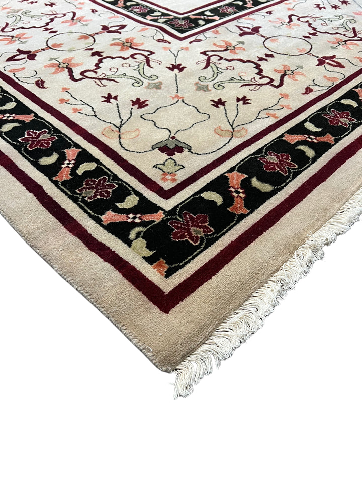 Ivory, Burgundy &amp; Black Indian Agra Rug – 11’10” × 17’3”