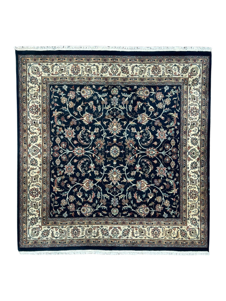 Navy Blue &amp; Ivory Square Floral Indian Kashan Rug – Circa 1980 – 6’0” × 6’3”