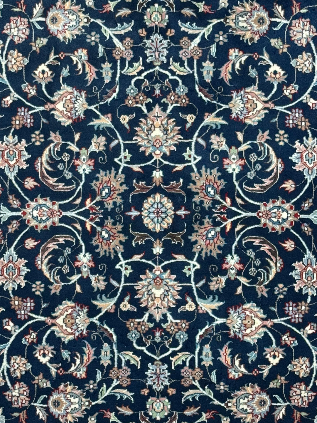 Navy Blue &amp; Ivory Square Floral Indian Kashan Rug – Circa 1980 – 6’0” × 6’3”