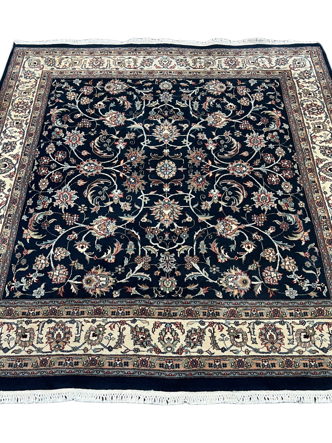 Navy Blue &amp; Ivory Square Floral Indian Kashan Rug – Circa 1980 – 6’0” × 6’3”