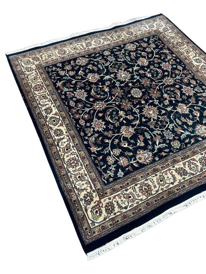 Navy Blue &amp; Ivory Square Floral Indian Kashan Rug – Circa 1980 – 6’0” × 6’3”