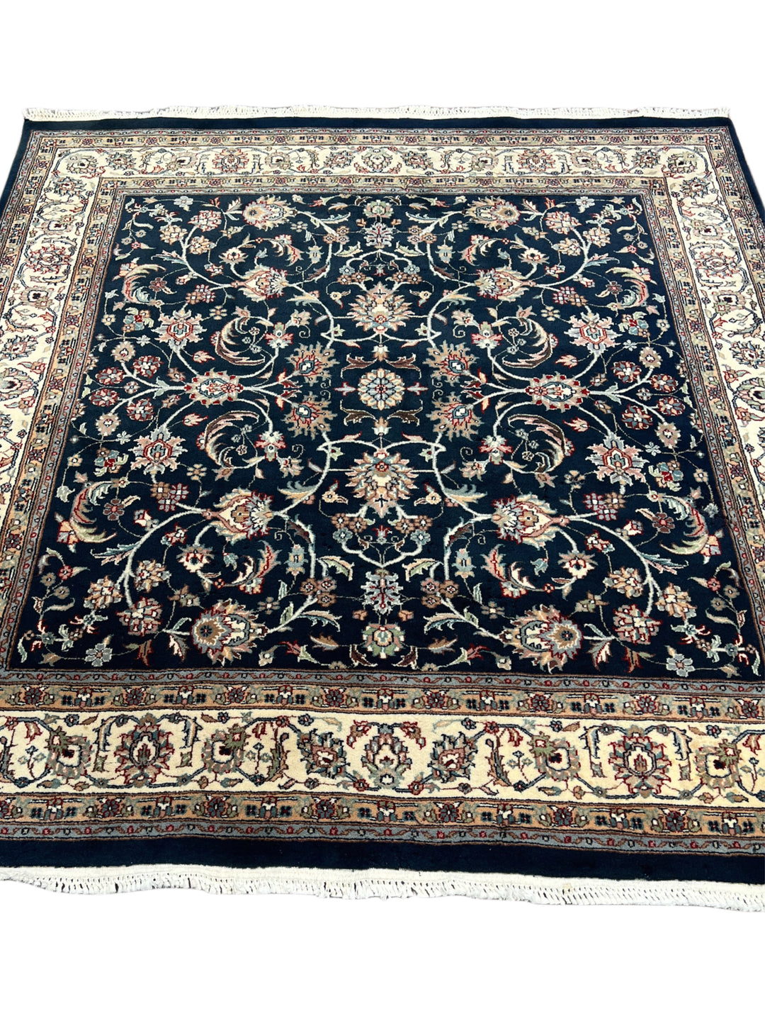 Navy Blue &amp; Ivory Square Floral Indian Kashan Rug – Circa 1980 – 6’0” × 6’3”