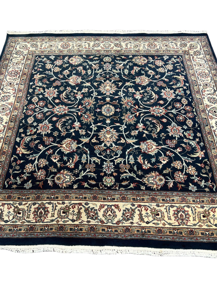 Navy Blue &amp; Ivory Square Floral Indian Kashan Rug – Circa 1980 – 6’0” × 6’3”