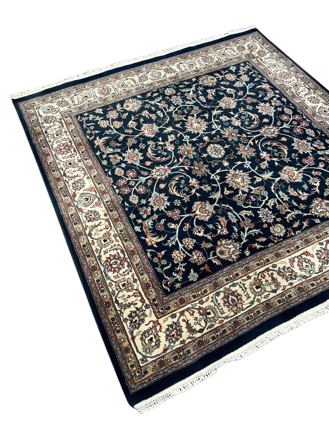 Navy Blue &amp; Ivory Square Floral Indian Kashan Rug – Circa 1980 – 6’0” × 6’3”