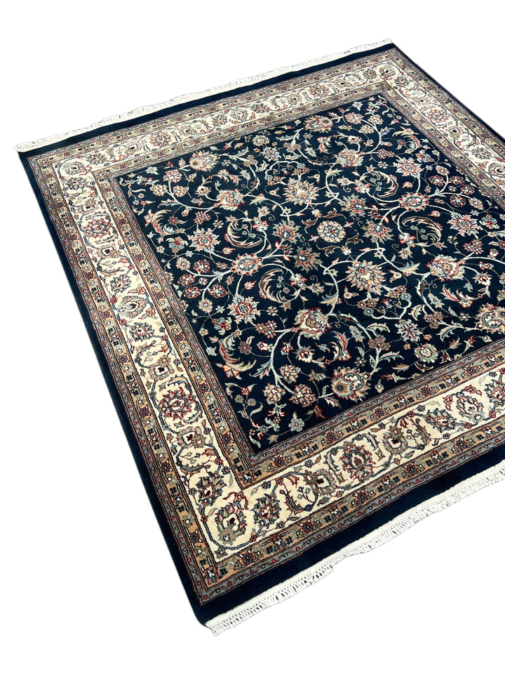 Navy Blue &amp; Ivory Square Floral Indian Kashan Rug – Circa 1980 – 6’0” × 6’3”