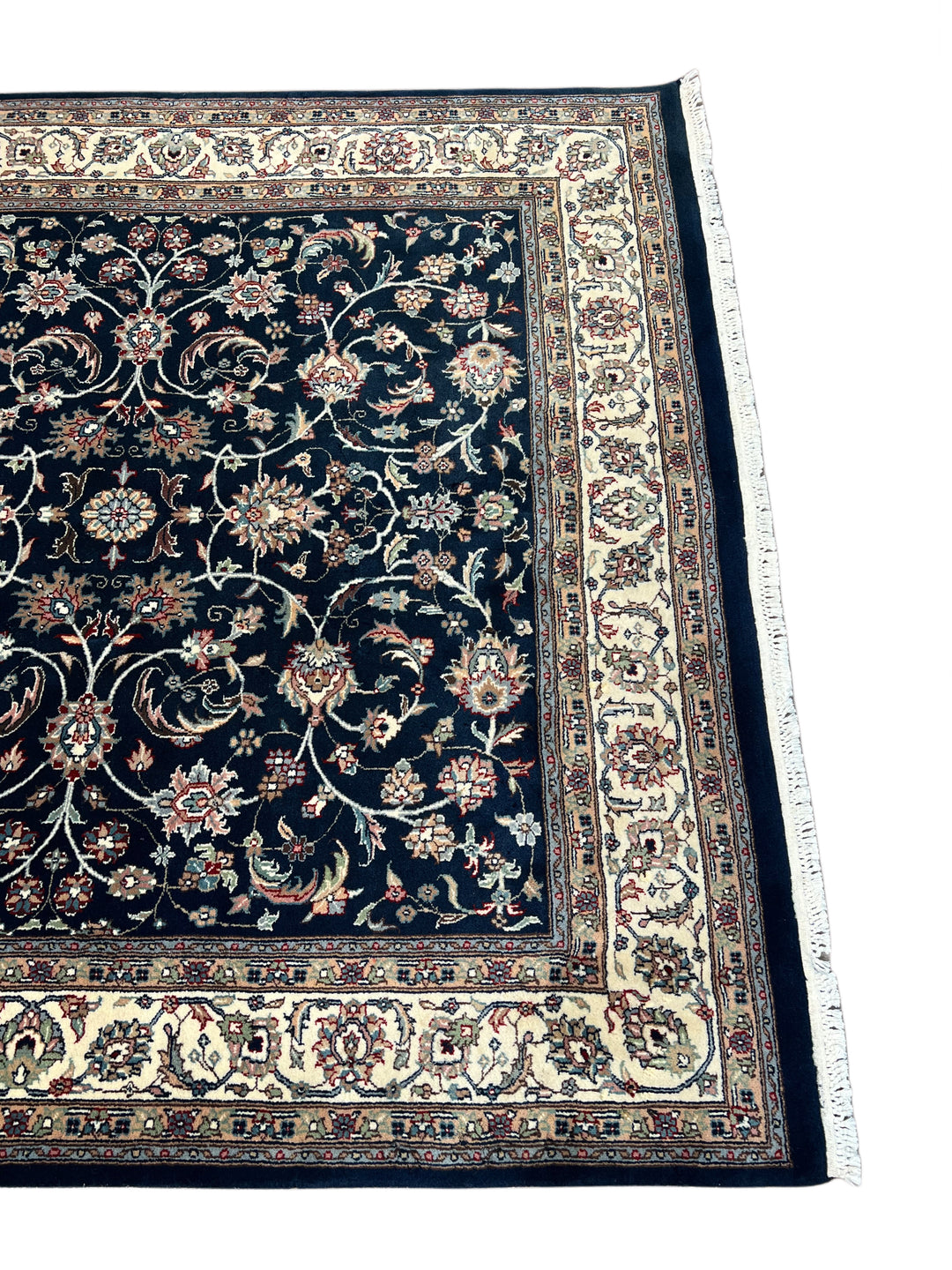 Navy Blue &amp; Ivory Square Floral Indian Kashan Rug – Circa 1980 – 6’0” × 6’3”