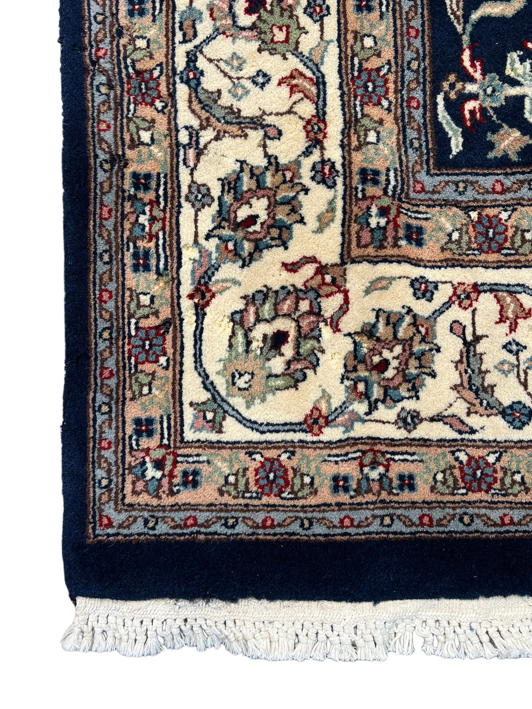 Navy Blue &amp; Ivory Square Floral Indian Kashan Rug – Circa 1980 – 6’0” × 6’3”