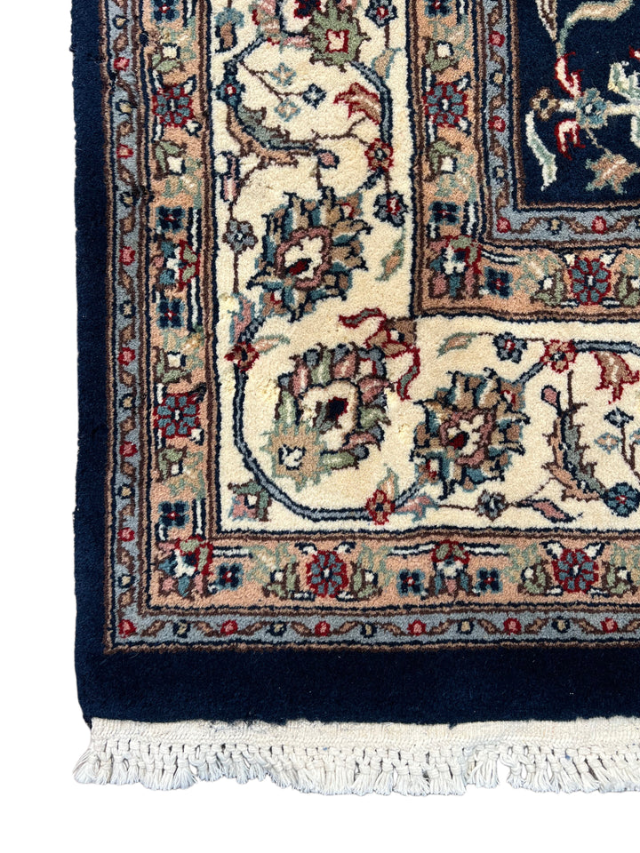Navy Blue &amp; Ivory Square Floral Indian Kashan Rug – Circa 1980 – 6’0” × 6’3”