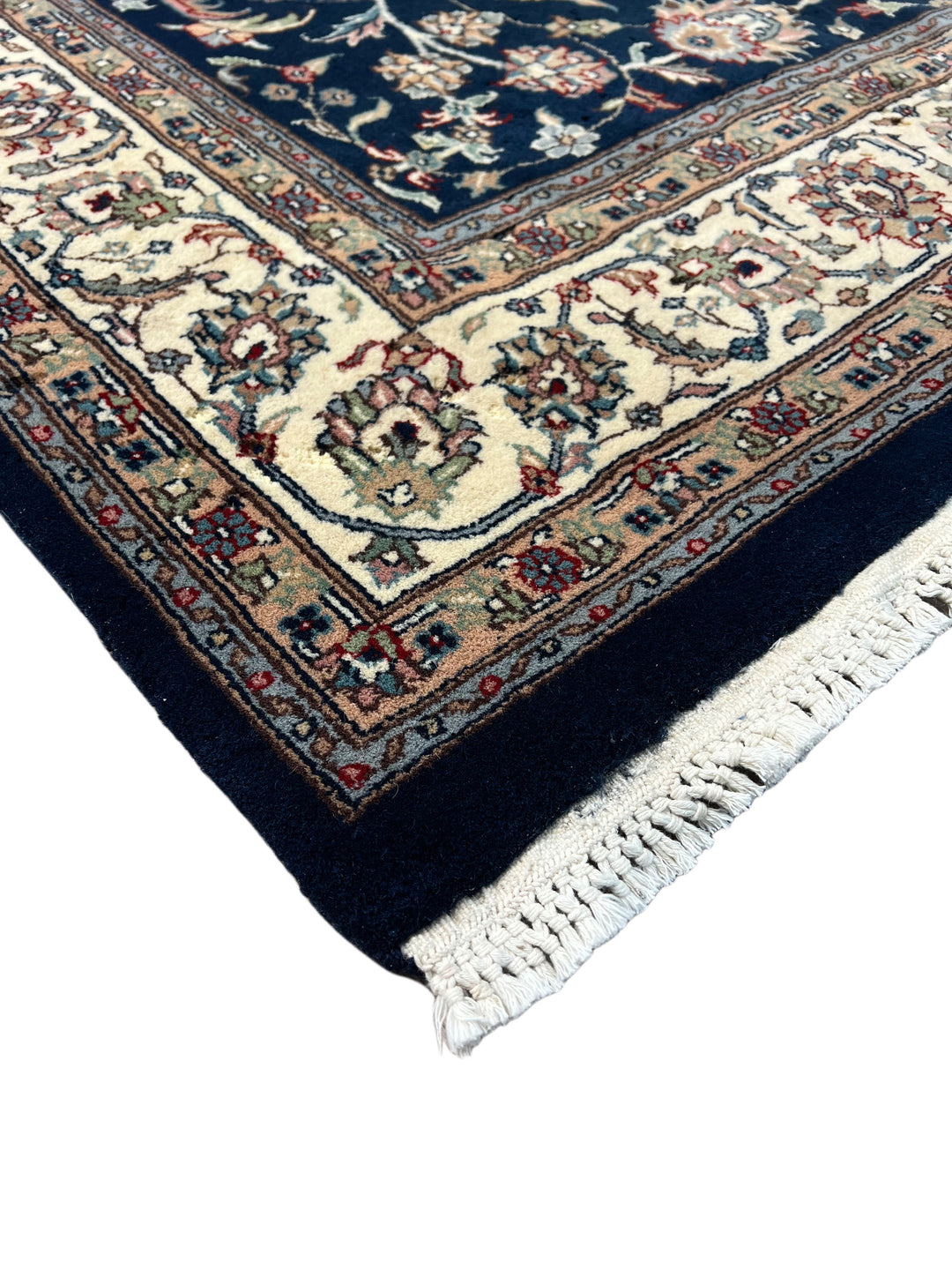 Navy Blue &amp; Ivory Square Floral Indian Kashan Rug – Circa 1980 – 6’0” × 6’3”