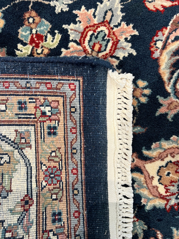 Navy Blue &amp; Ivory Square Floral Indian Kashan Rug – Circa 1980 – 6’0” × 6’3”