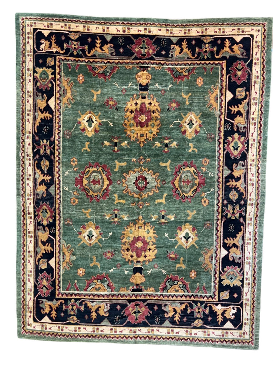 Sage Green, Black & Ivory Tibetan Style Rug – 10’0” × 13’3”