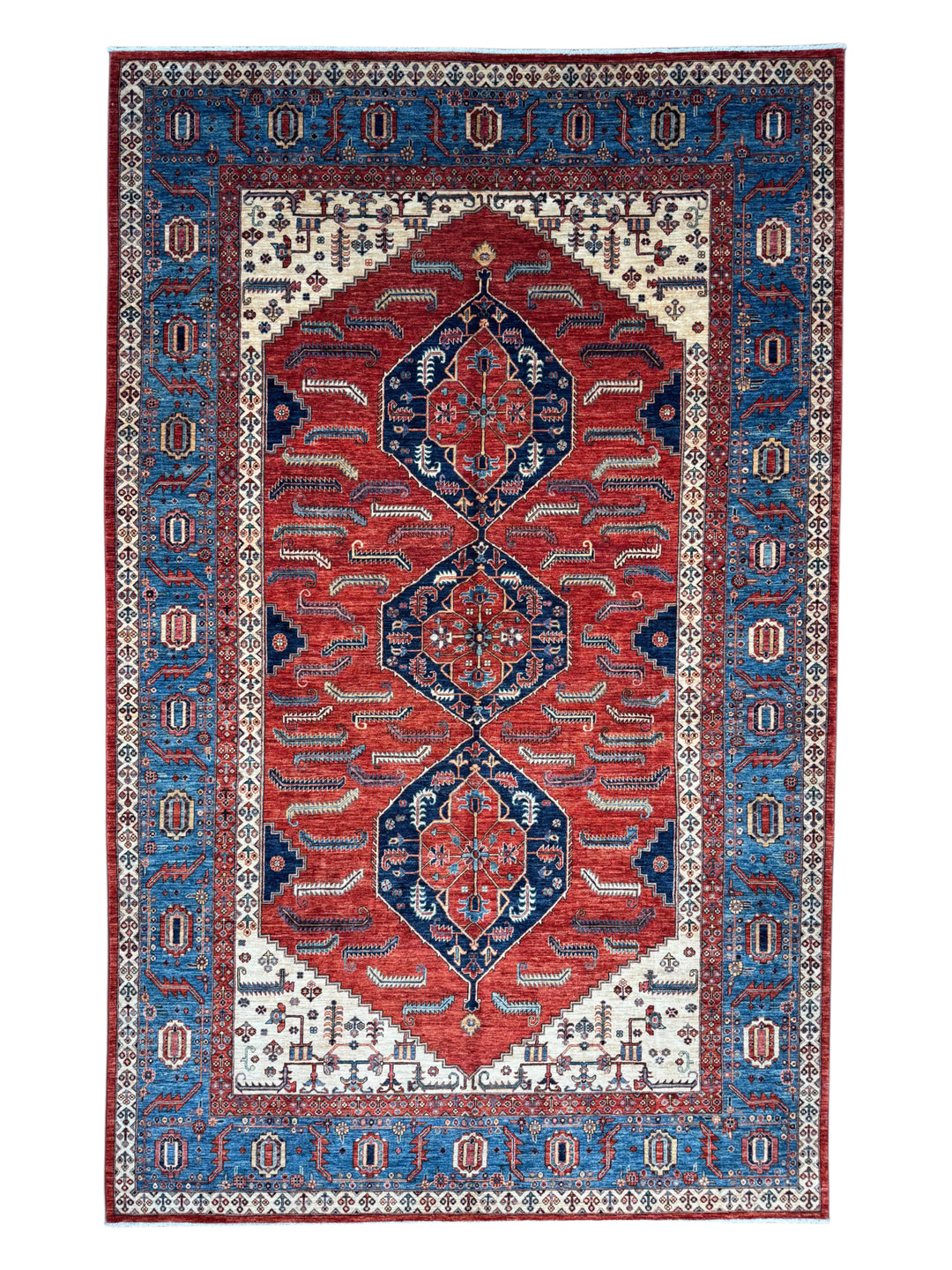 Rust Red &amp; Blue Geometric Medallion Rug – 9’2” × 14’7”