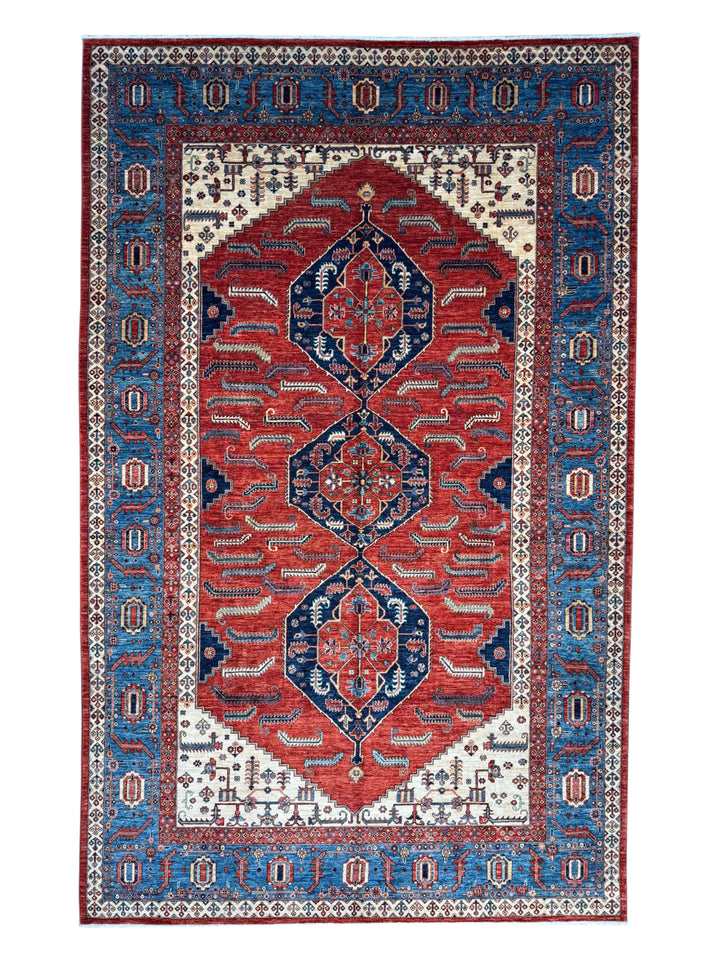 Rust Red &amp; Blue Geometric Medallion Rug – 9’2” × 14’7”