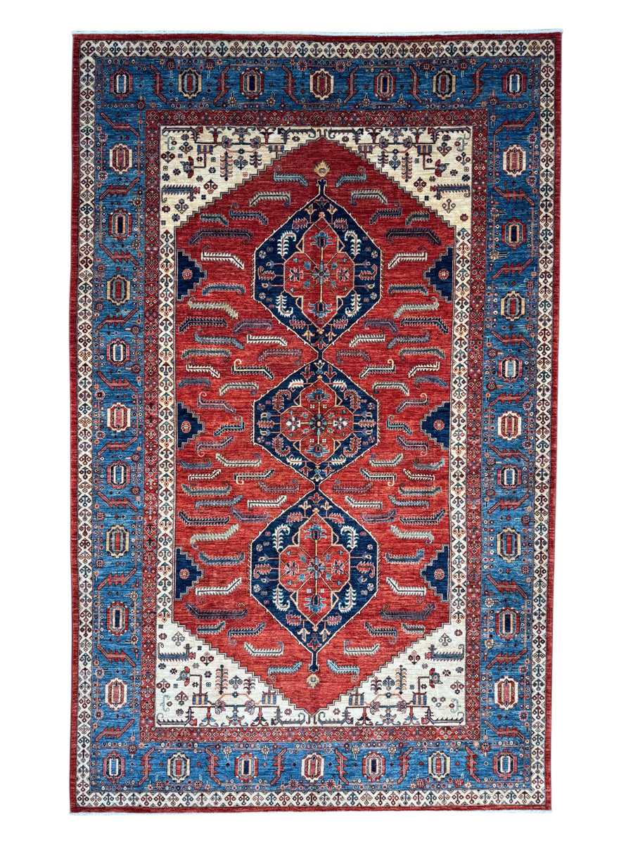 Rust Red & Blue Geometric Medallion Rug – 9’2” × 14’7”