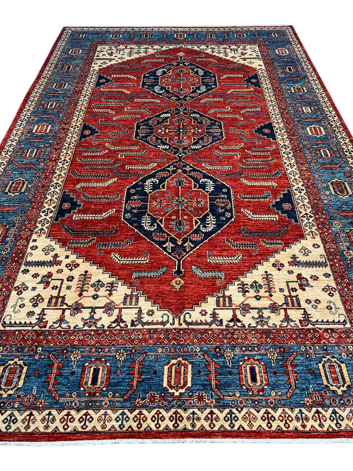 Rust Red &amp; Blue Geometric Medallion Rug – 9’2” × 14’7”
