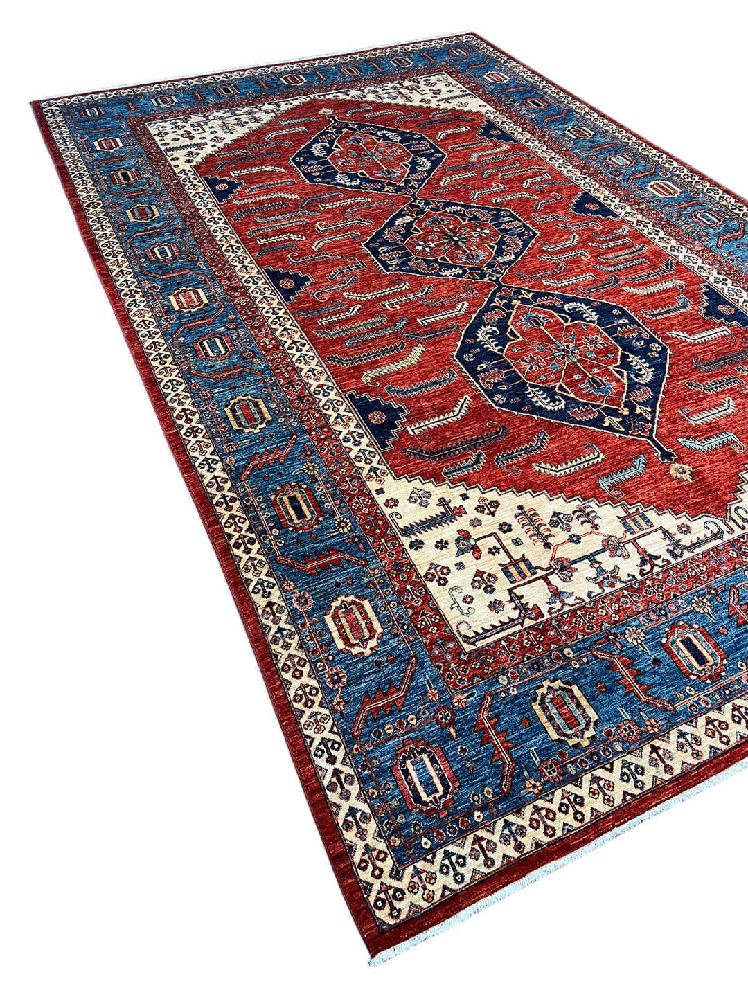 Rust Red &amp; Blue Geometric Medallion Rug – 9’2” × 14’7”