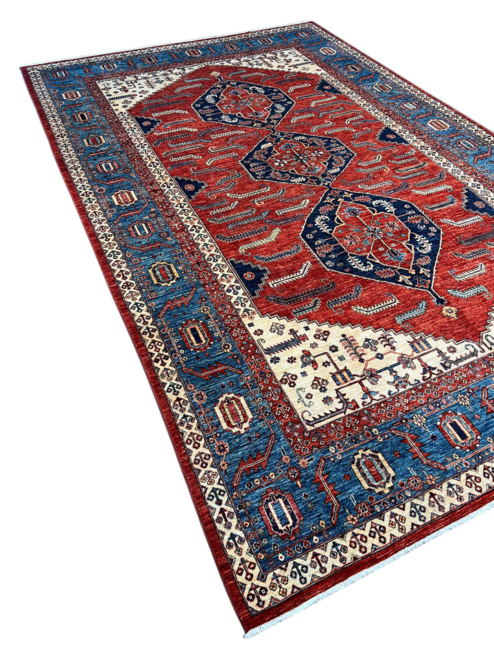 Rust Red &amp; Blue Geometric Medallion Rug – 9’2” × 14’7”