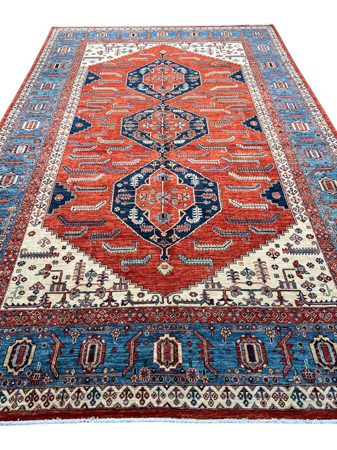 Rust Red &amp; Blue Geometric Medallion Rug – 9’2” × 14’7”
