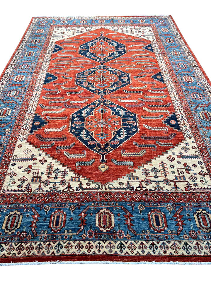 Rust Red &amp; Blue Geometric Medallion Rug – 9’2” × 14’7”