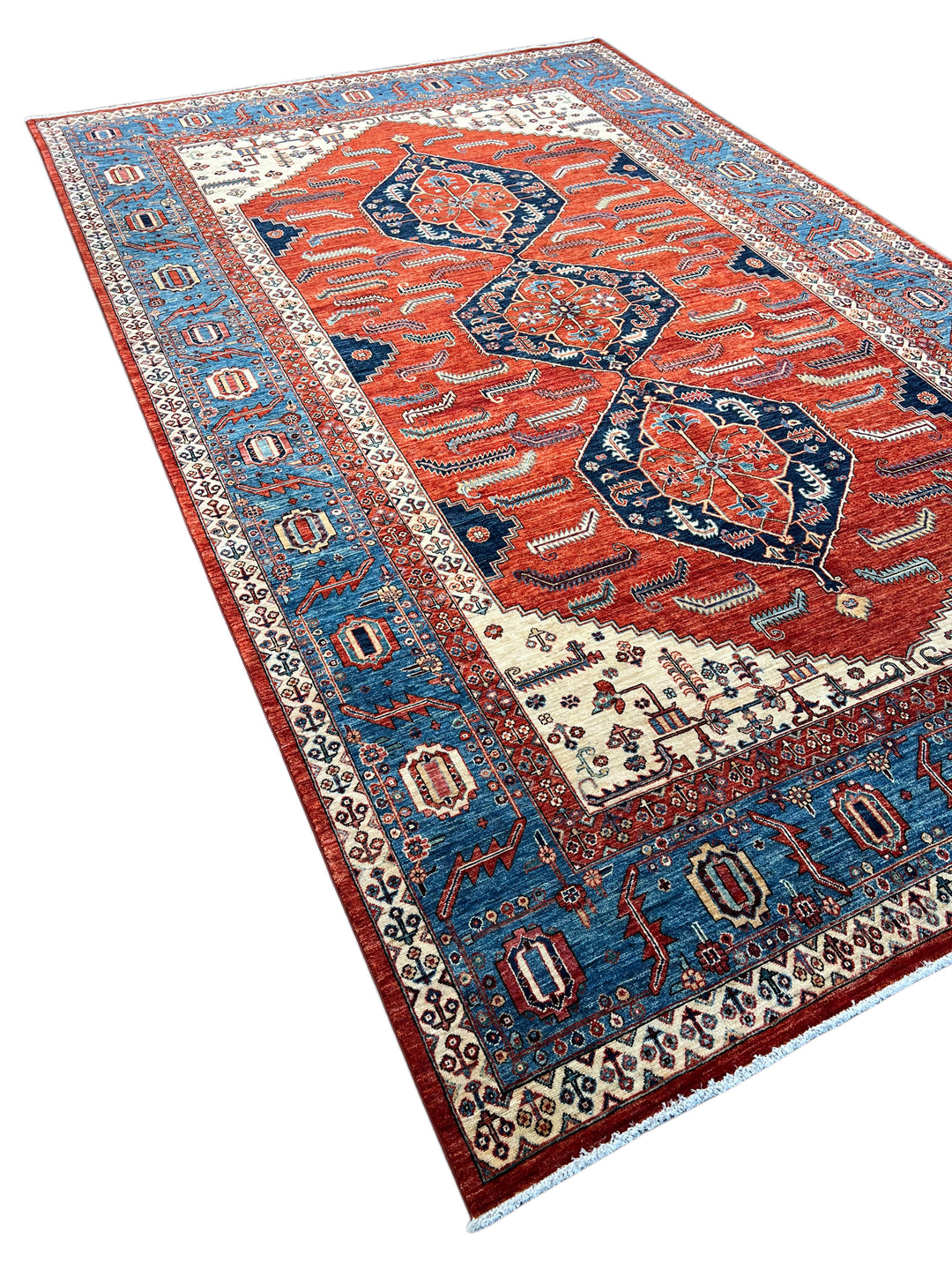 Rust Red &amp; Blue Geometric Medallion Rug – 9’2” × 14’7”