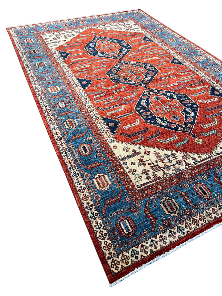 Rust Red &amp; Blue Geometric Medallion Rug – 9’2” × 14’7”