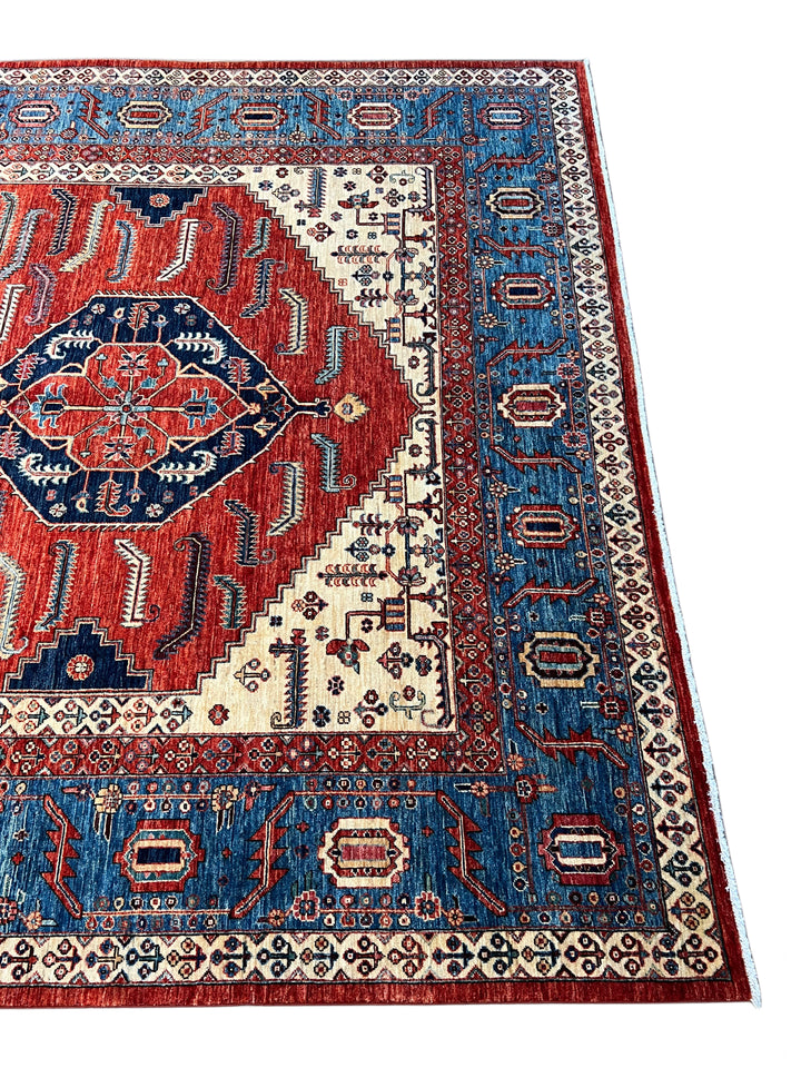 Rust Red &amp; Blue Geometric Medallion Rug – 9’2” × 14’7”