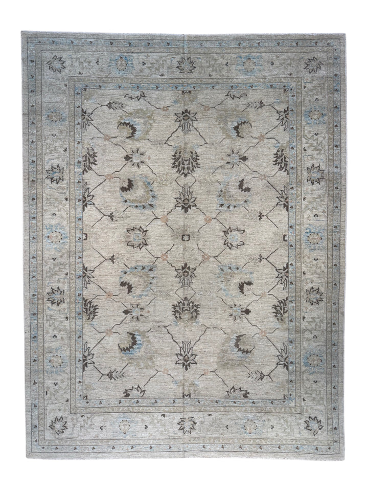 Soft Beige &amp; Light Blue Floral Wool Rug – 10’5” × 13’9”