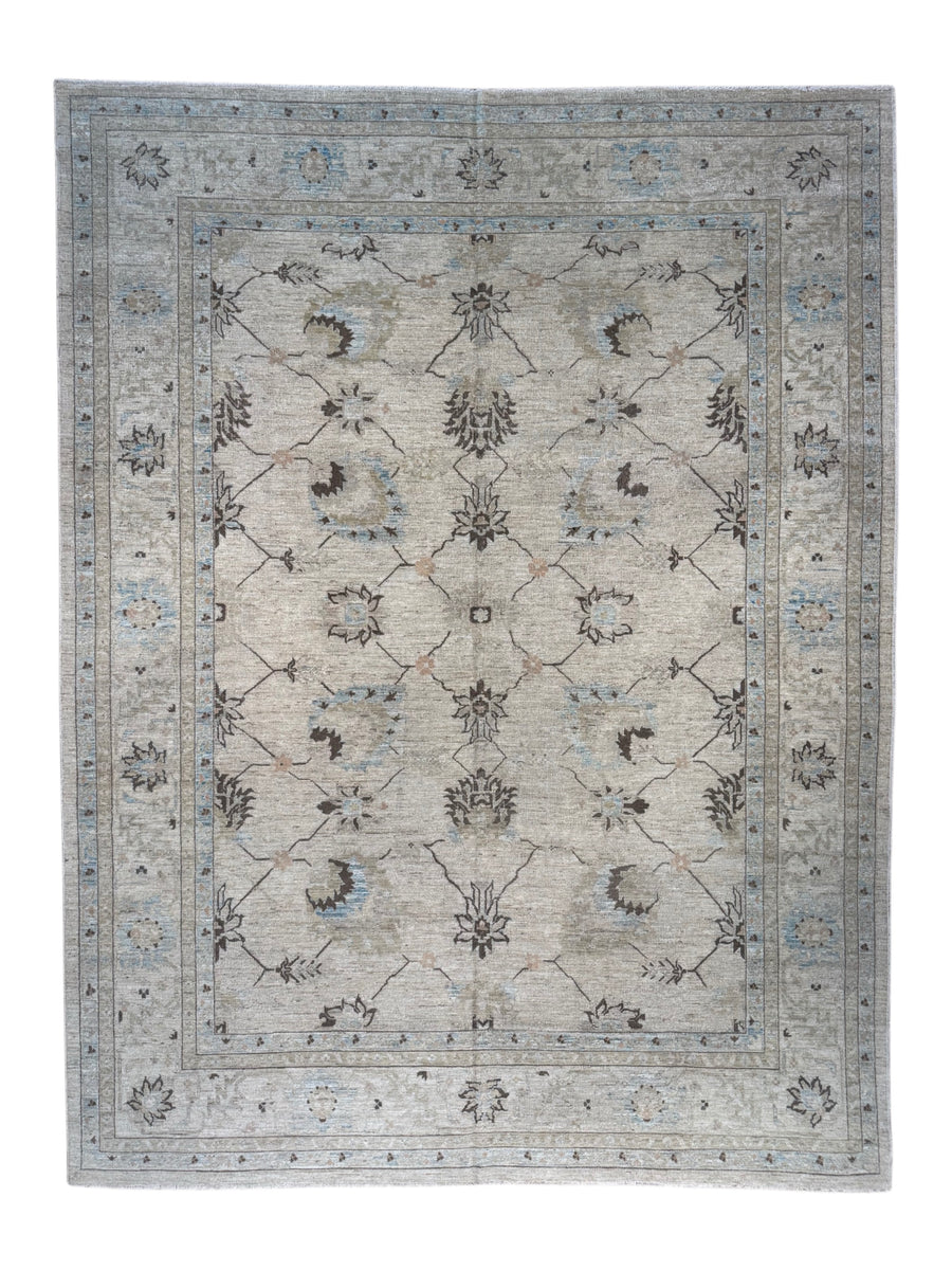 Soft Beige & Light Blue Floral Wool Rug – 10’5” × 13’9”