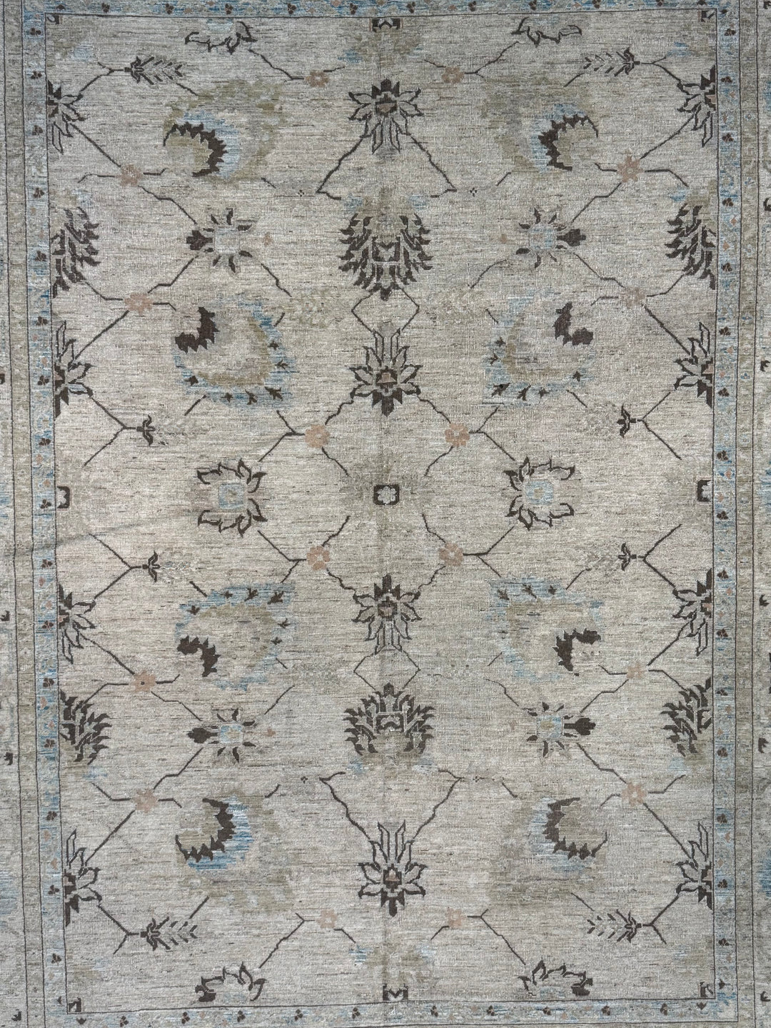 Soft Beige &amp; Light Blue Floral Wool Rug – 10’5” × 13’9”