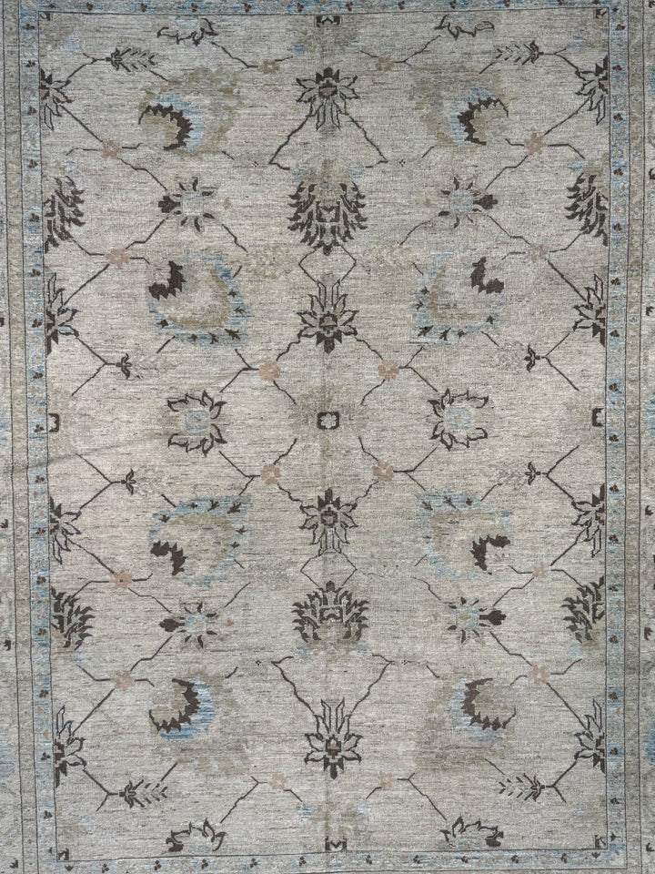 Soft Beige &amp; Light Blue Floral Wool Rug – 10’5” × 13’9”