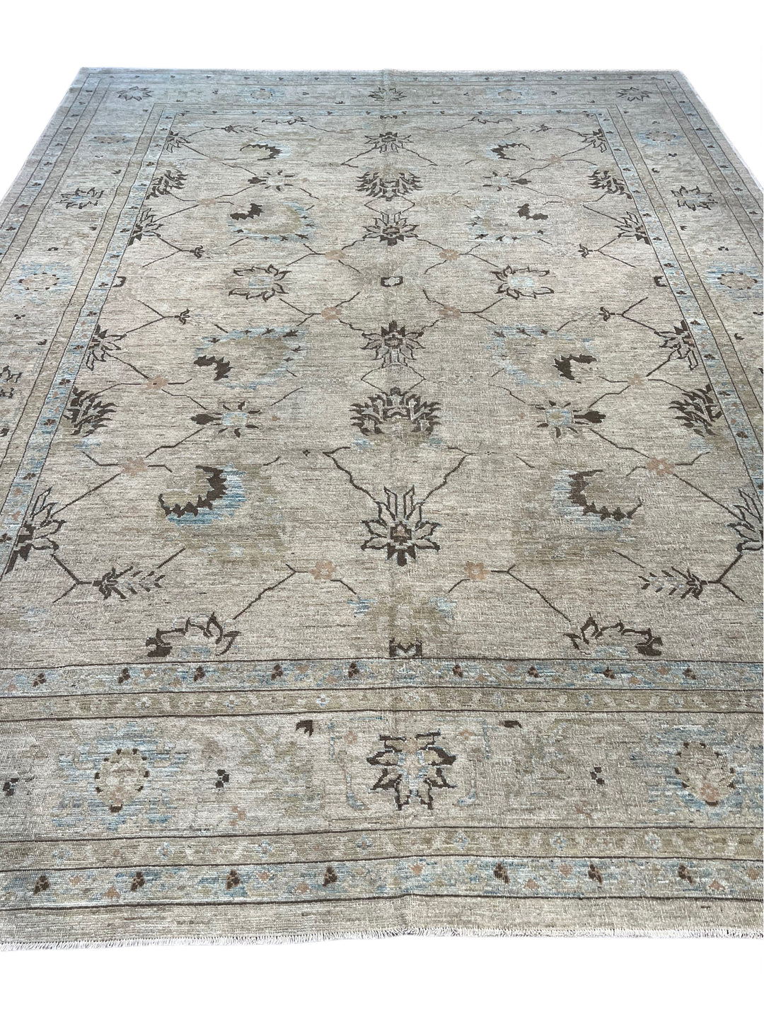 Soft Beige &amp; Light Blue Floral Wool Rug – 10’5” × 13’9”