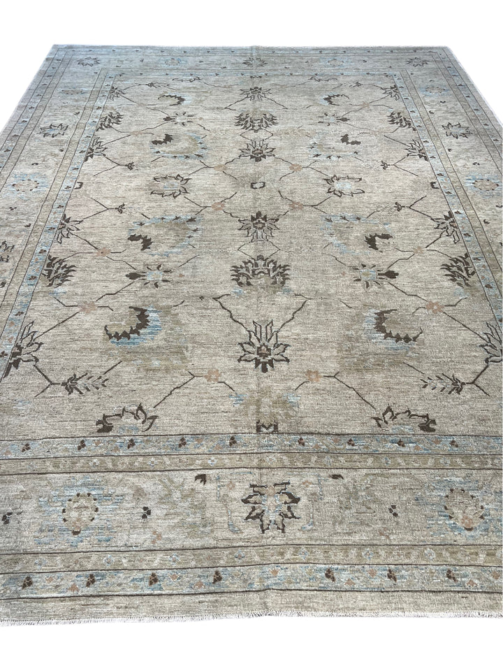 Soft Beige &amp; Light Blue Floral Wool Rug – 10’5” × 13’9”