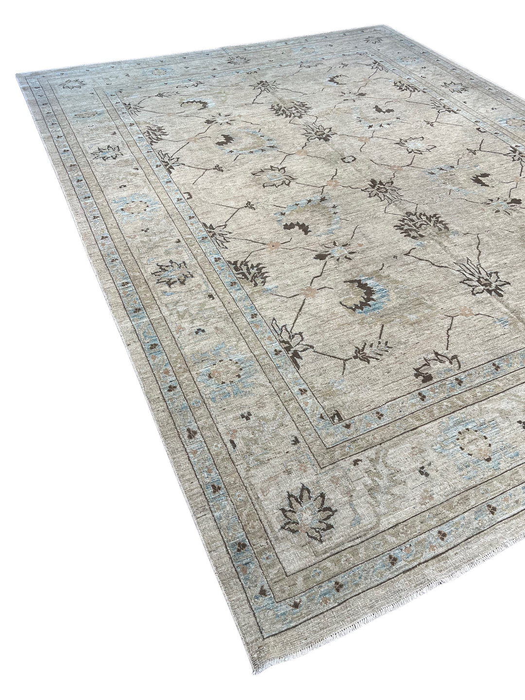 Soft Beige &amp; Light Blue Floral Wool Rug – 10’5” × 13’9”