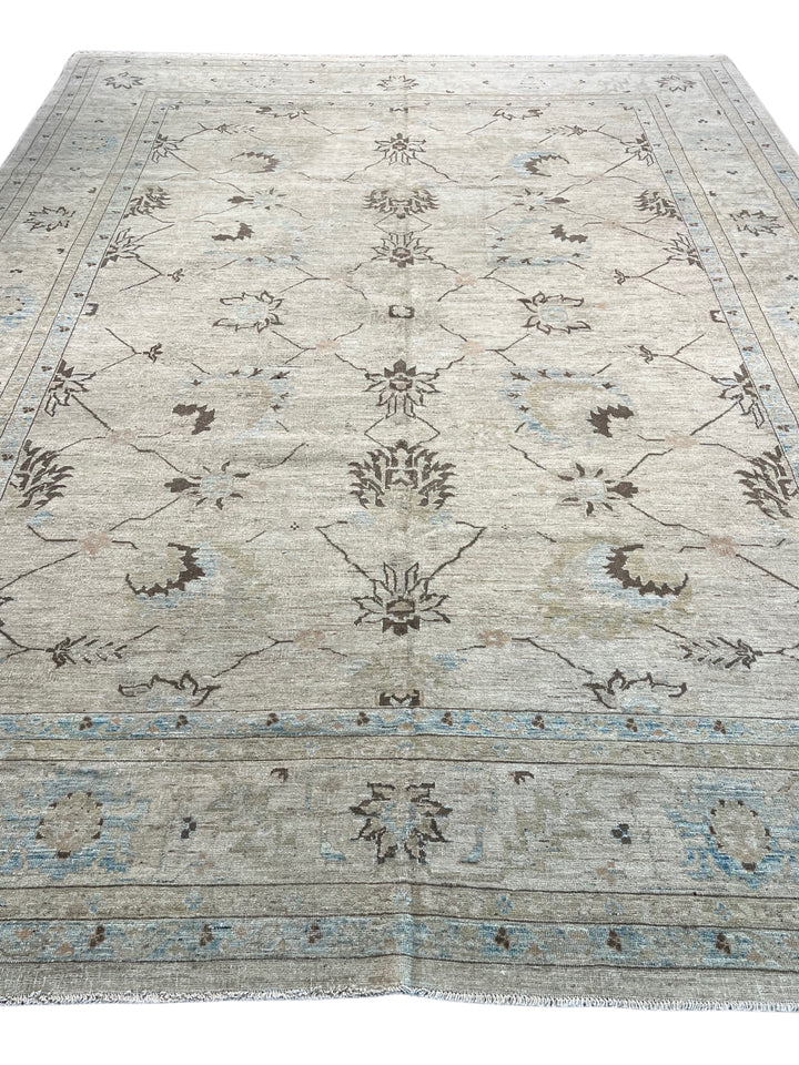 Soft Beige &amp; Light Blue Floral Wool Rug – 10’5” × 13’9”