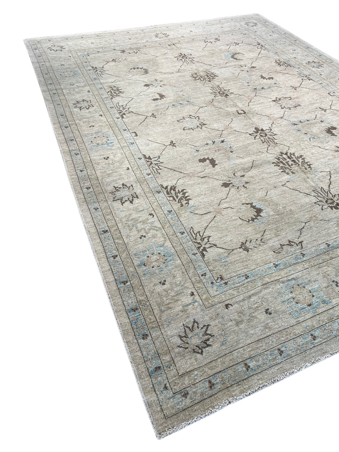 Soft Beige &amp; Light Blue Floral Wool Rug – 10’5” × 13’9”